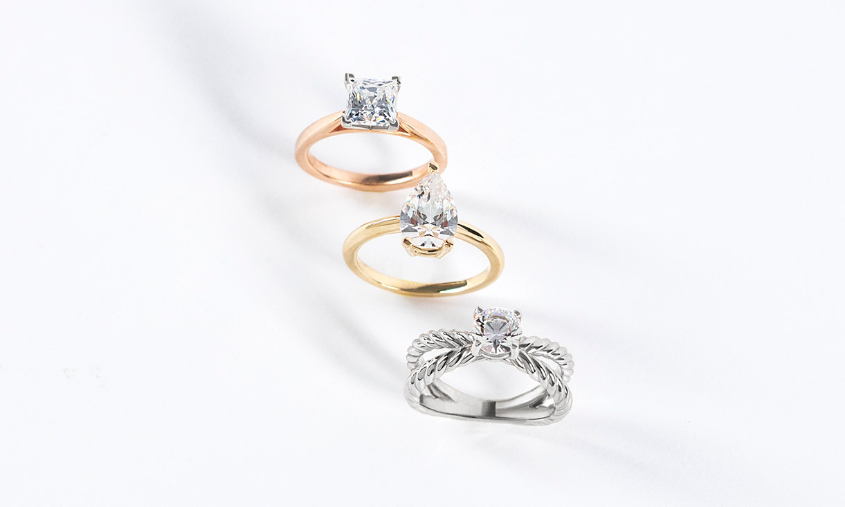 Three Diamond Nexus solitaire engagement rings.