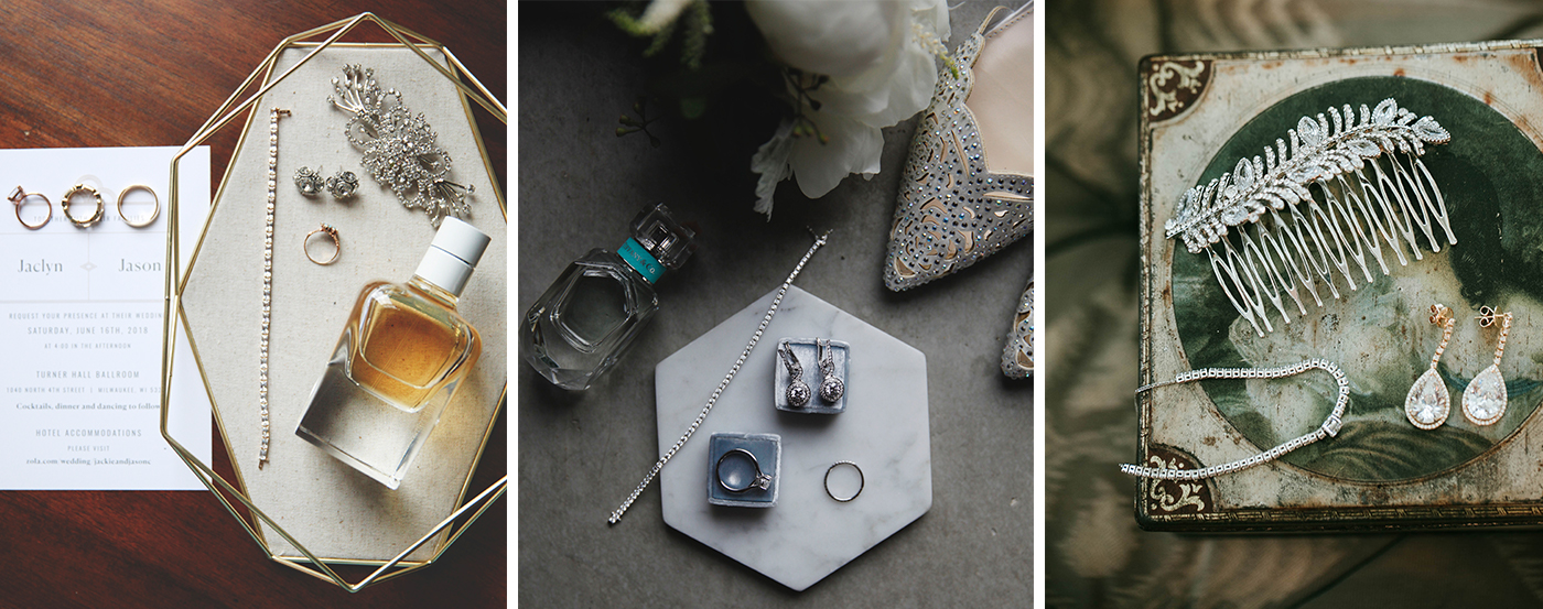 A bird's eye view of different wedding day accessories.