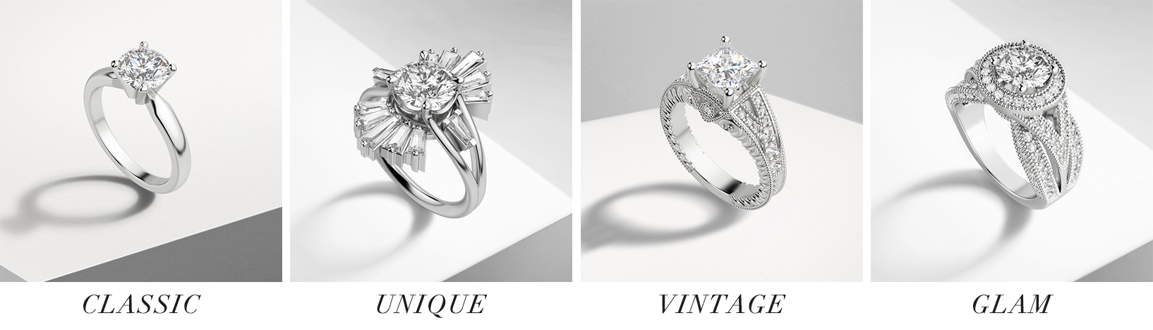 Classic, unique, vintage and glam style simulated diamond engagement rings.