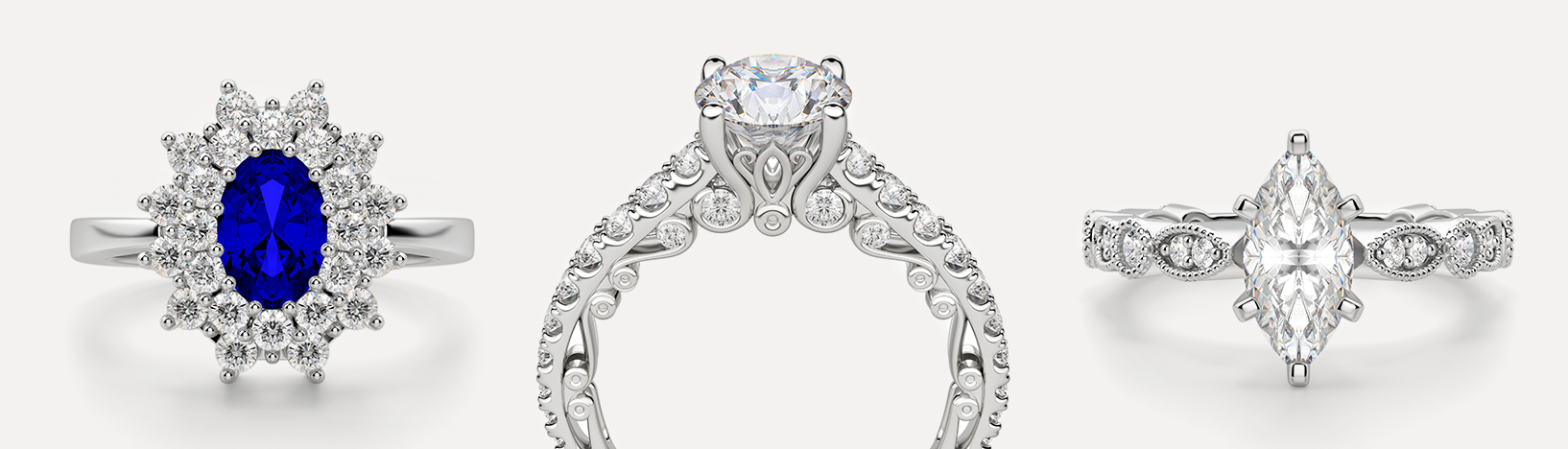 Simulated diamond engagement rings featuring different design elements.