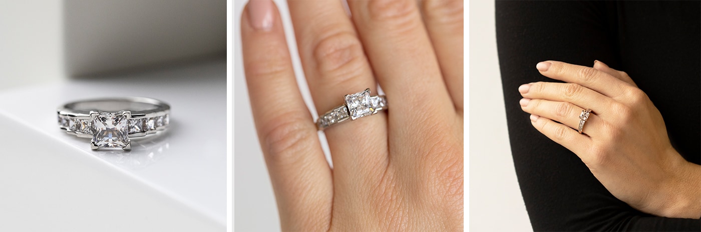 Channel-set simulated diamond engagement ring.