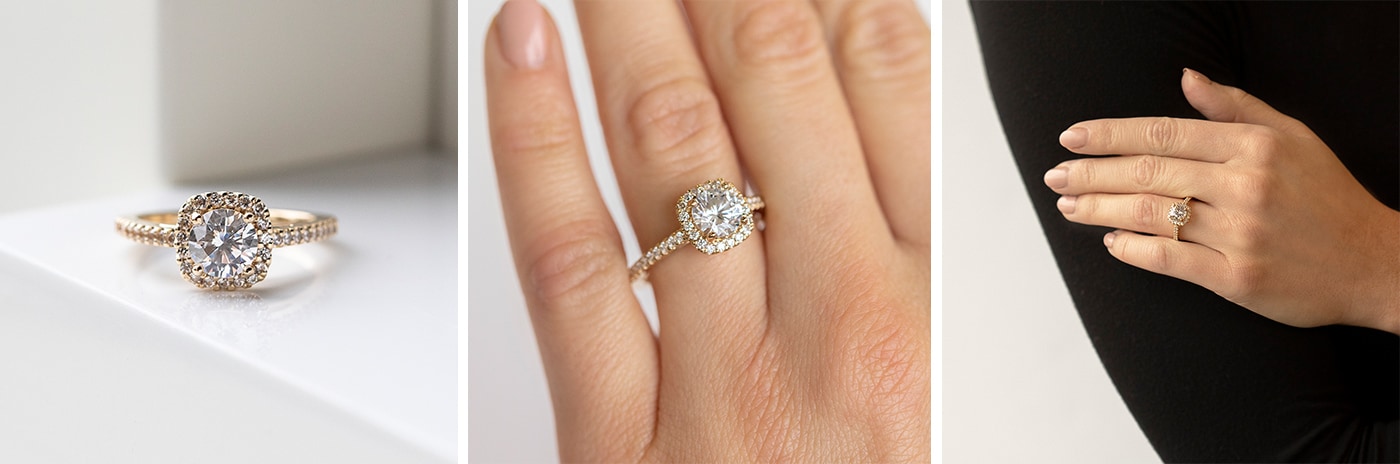 Halo simulated diamond engagement ring.