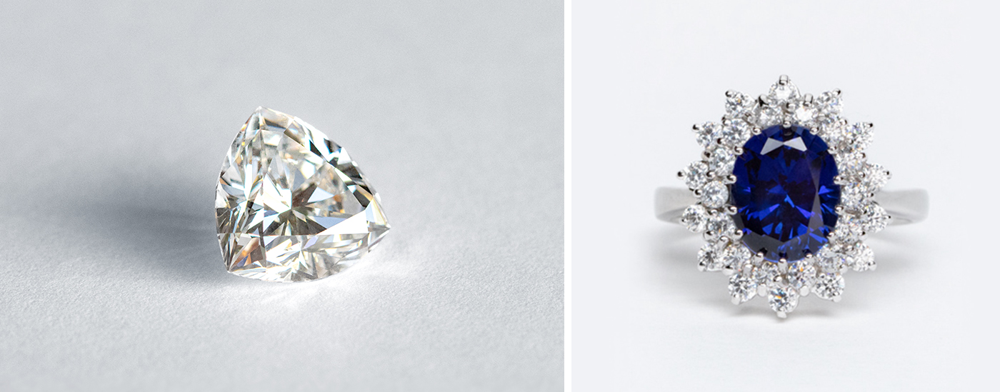 A loose Nexus Diamond™ alternative and an engagement ring featuring a lab grown sapphire.