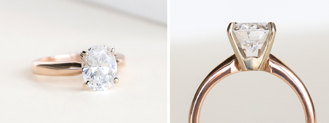 A yellow gold solitaire engagement ring in a peg head setting