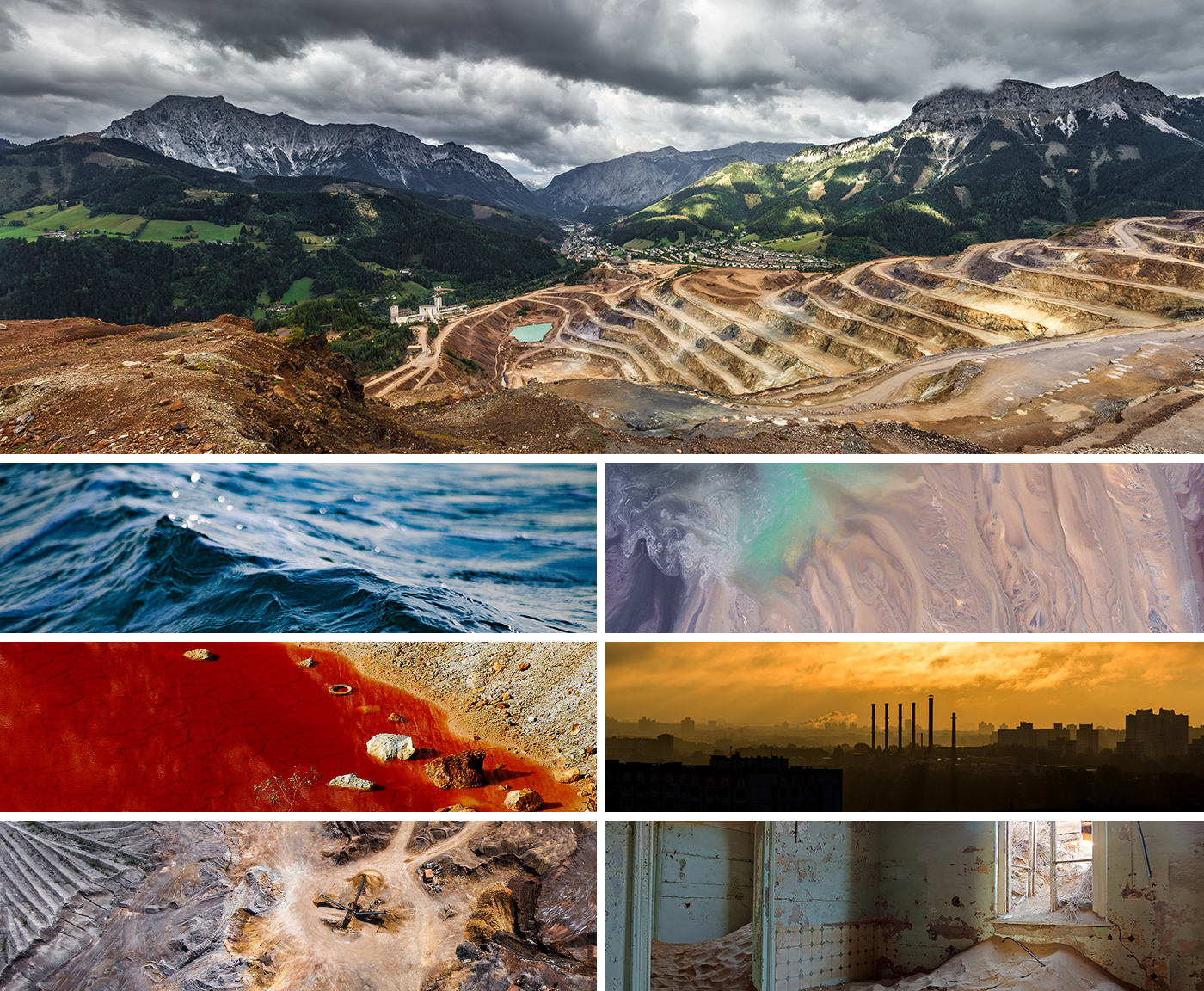 Multiple images that show the environmental devastation left behind from diamond mining.