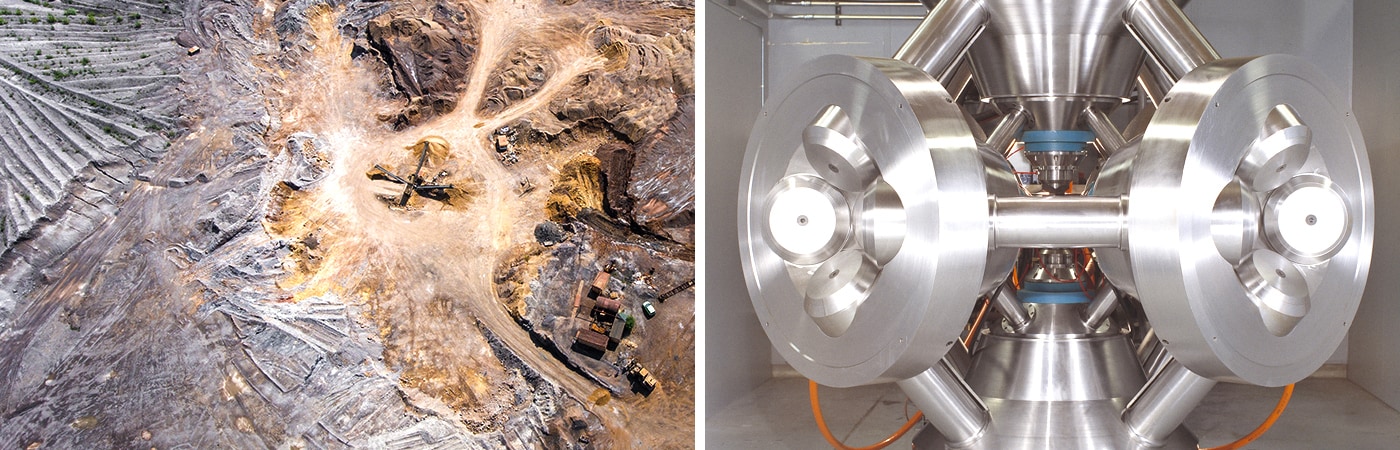 A picture of the environmental destruction left behind from diamond mining, compared to a clean facility where lab diamonds are made.