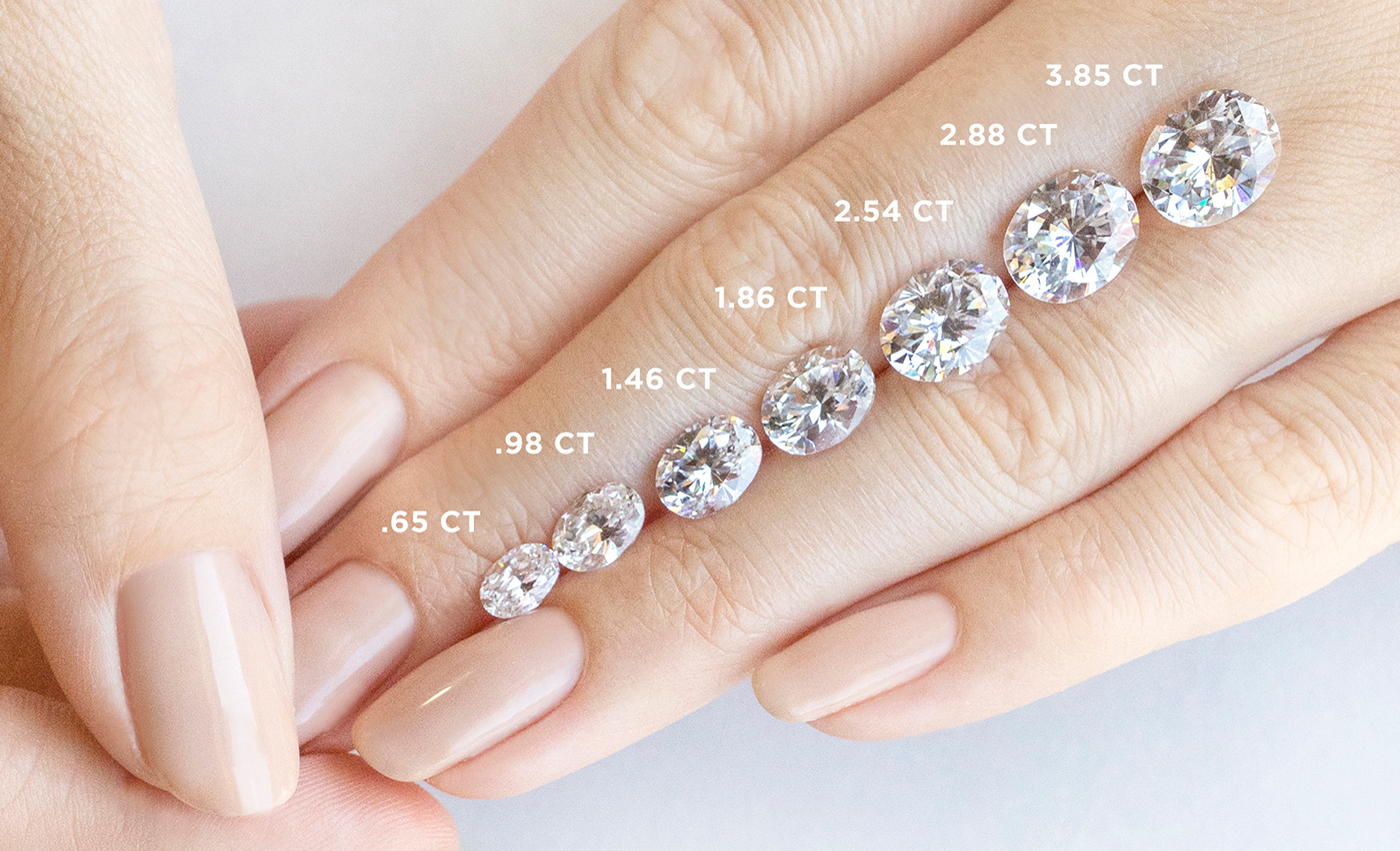 Oval cut Nexus Diamond alternatives positioned on a hand to show various carat weights.