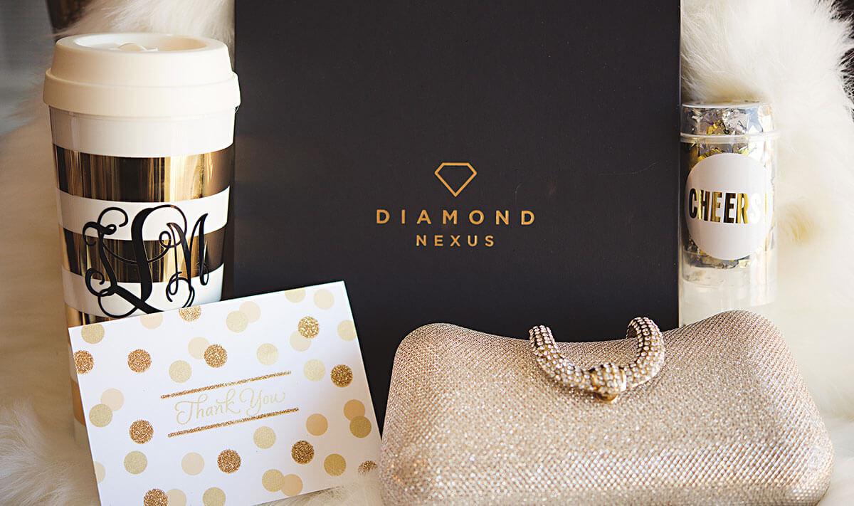 A piece of Diamond Nexus jewelry among an assorted bridal gift.