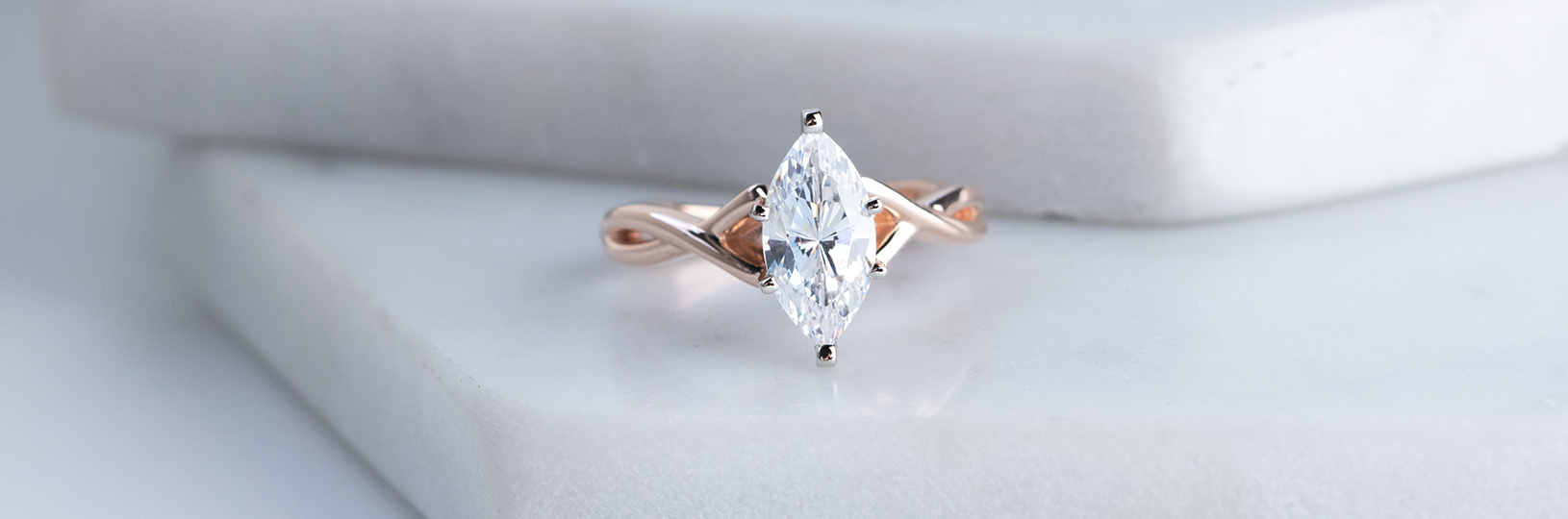 A Marquise lab created diamond simulant engagement ring.