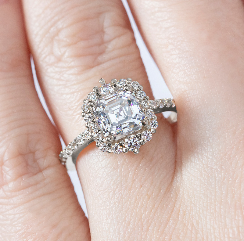 An engagement ring in a halo setting