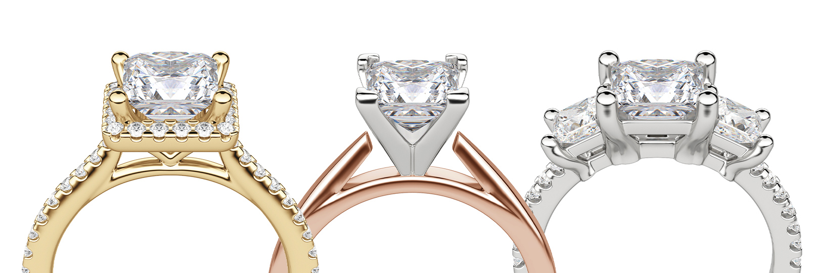 A princess cut simulated diamond featured in three different settings