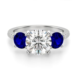 Three Stone Accented Round Cut Engagement Ring, Sapphire, Default, 14K White Gold, 