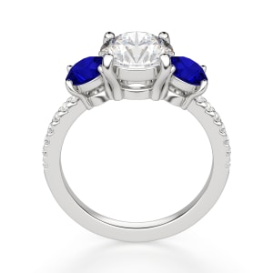 Three Stone Accented Round Cut Engagement Ring, Sapphire, Hover, 14K White Gold, 