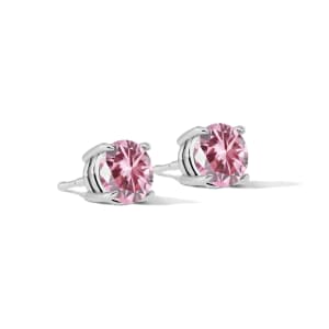 Round Cut Claw Prong Stud Earrings, Light Pink, Hover, Sterling Silver