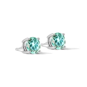 Round Cut Claw Prong Stud Earrings, Mint Blue, Hover, Sterling Silver