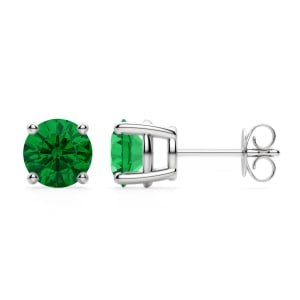 Round Cut Stud Earrings, Emerald, Tension Back, Basket Set, 14K White Gold, Hover, 