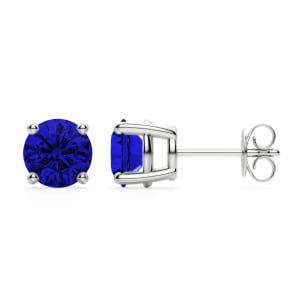 Round Cut Stud Earrings, Sapphire, Tension Back, Basket Set, 14K White Gold, Hover, 