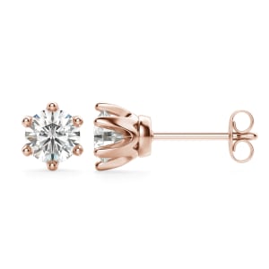 Round Cut Stud Earrings, Tension Back, Crown Set, 14K Rose Gold, Hover, 