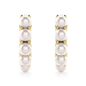 Pearl Huggie Earrings, Hover, 14K Yellow Gold