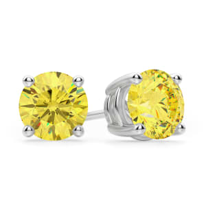 Round Cut Stud Earrings, Canary, Tension Back, Basket Set, Default, 14K White Gold, 