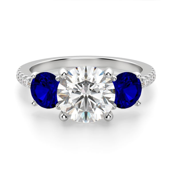 Three Stone Accented Engagement Ring With 2.00 ct Round Sapphire Center DEW, Ring Size 9.5, 14K White Gold, Nexus Diamond Alternative, Default, 14K White Gold, 