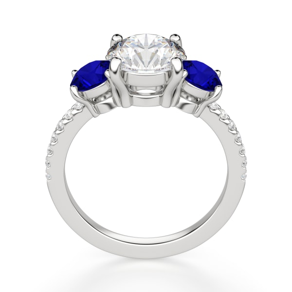 Three Stone Accented Engagement Ring With 2.00 ct Round Sapphire Center DEW, Ring Size 9.5, 14K White Gold, Nexus Diamond Alternative, Hover, 14K White Gold, 