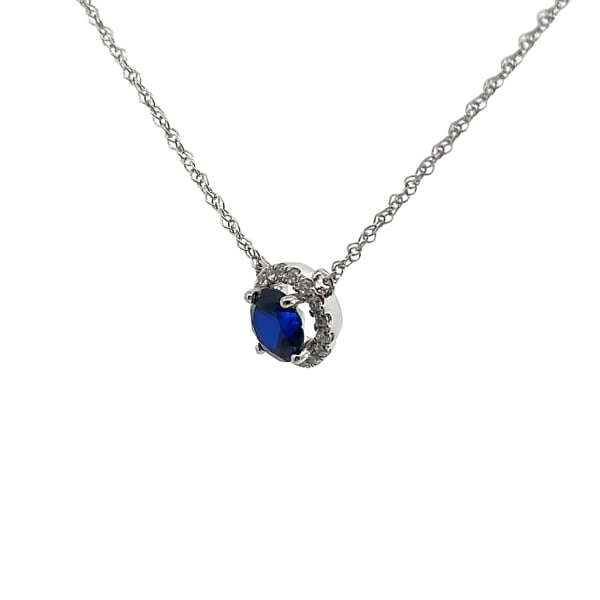 Berlin Necklace With 1.28 ct Sapphire Round Center DEW 14K White Gold Nexus Diamond Alternative, Hover,