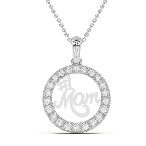 #1 Mom Circle Necklace Pendant with Gemstones in 14K Gold, Default, 14K White Gold,