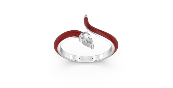 Contemperory Bypass Ring in Sterling Silver with Bright Red Ceramic and Pear Shaped Lab Grown Diamond, Default,