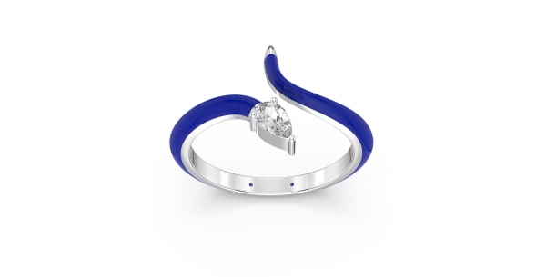 Contemperory Bypass Ring in Sterling Silver with Dark Blue Ceramic and Pear Shaped Lab Grown Diamond, Default,