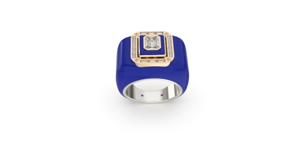 Dark Blue Ceramic Ring in Sterling Silver with Emerald Cut and Straight Baguette Lab Grown Diamonds, Default, 