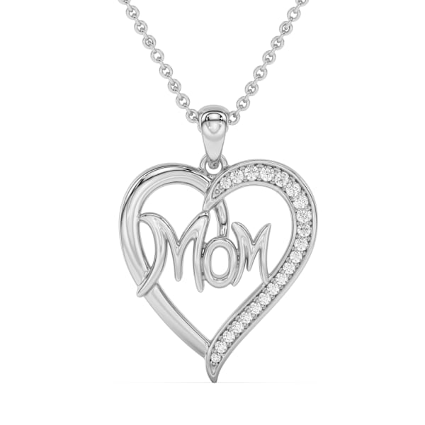Mom Heart Necklace Pendant in Cursive Font set in 14K Gold, Default, 14K White Gold,