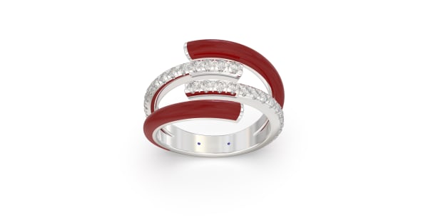Double Bypass Ring in Sterling Silver with Two Rows of Bright Red Ceramic and Two Rows of Lab Grown Diamonds, Default, 
