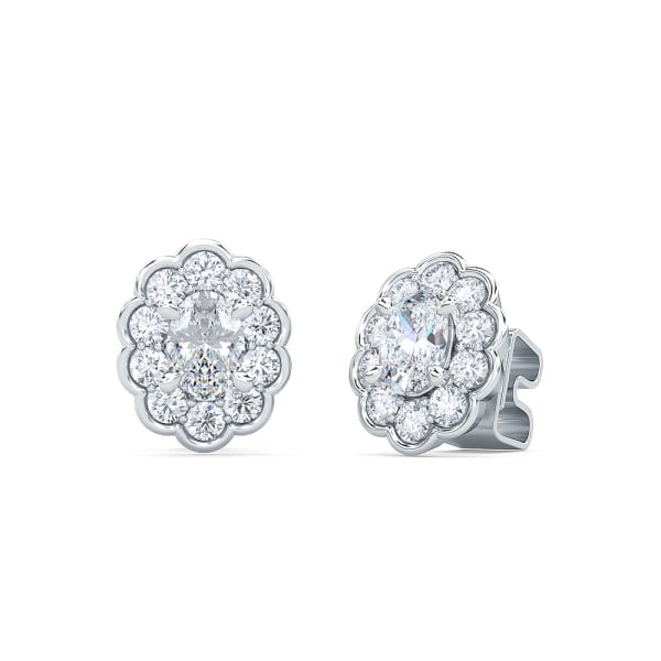 Flower Cluster Earrings With 3/4 Tcw Oval Centers, 14K White Gold, Lab Grown Diamond, Hover, 14K White Gold,