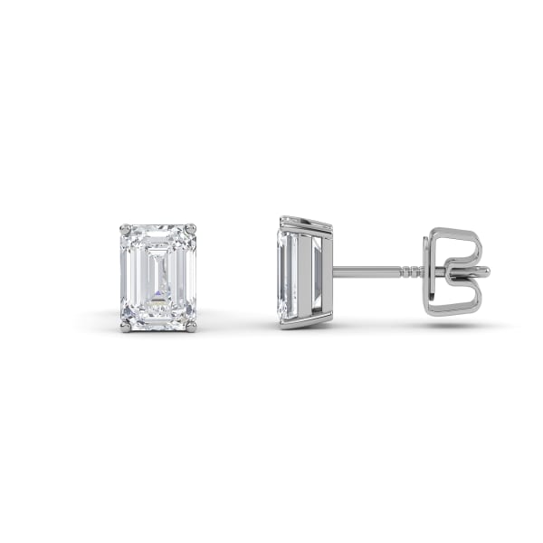 Emerald Solitaire Earrings With 3/4 Tcw Emerald Centers 14K White Gold Lab Grown Diamond, Hover, 14K White Gold,