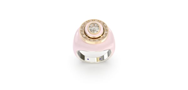 Light Pink Ceramic Ring in Sterling Silver with Oval Cut and Straight Baguette Lab Grown Diamonds, Default, 