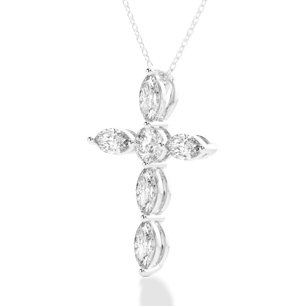 Marquise & Round Cross Pendant with Sterling Silver Cable Chain, Hover, 14k White Gold, 