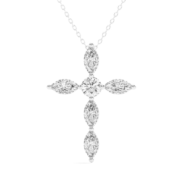 Marquise & Round Cross Pendant with Sterling Silver Cable Chain, Default, 14k White Gold,  