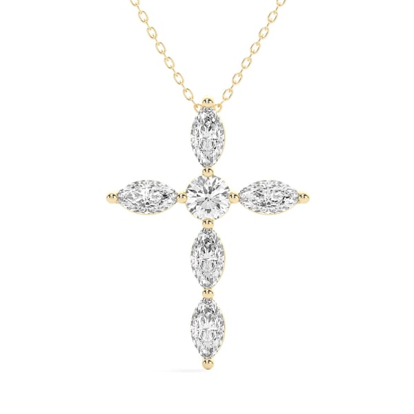 Marquise & Round Cross Pendant with Sterling Silver Cable Chain, Default, 14k Yellow Gold, 