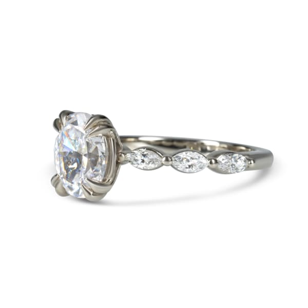 Marquise Side Stone Engagement Ring With 1.50 ct Oval Center DEW Ring Size 6.5 14K White Gold Nexus Diamond Alternative, Hover,