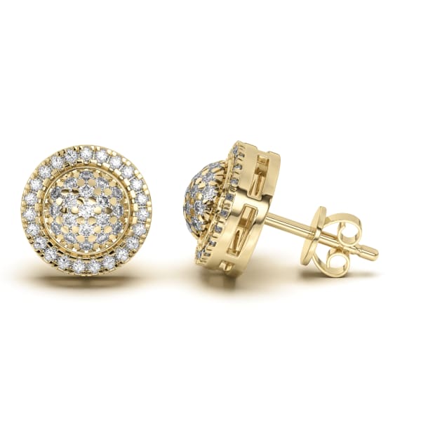 Men's Pave Set Round Stud Earrings, Hover, 14K Yellow Gold,