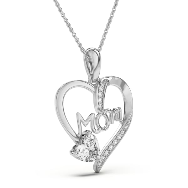 Mom Heart Necklace Pendant with Heart Shaped Gemstone set in 14K Gold, Hover, 14K White Gold,