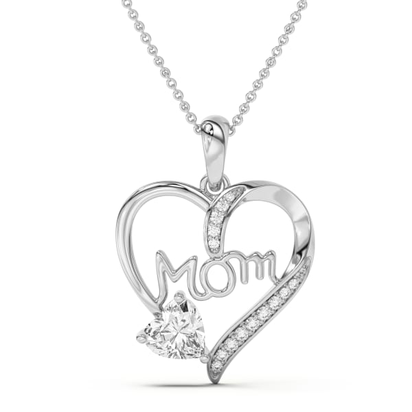 Mom Heart Necklace Pendant with Heart Shaped Gemstone set in 14K Gold, Default, 14K White Gold,