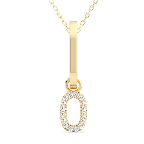 "0" Number Pendant In Lab Grown Diamonds Set In 14K Gold with Sterling Silver Cable Chain, Default, 14K Yellow Gold,
