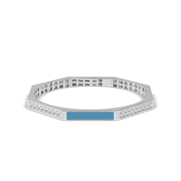 Octagon Shaped Alternting Hinged Bangle in Sterling Silver with Light Blue Ceramic and Lab Grown Diamond, Default, 