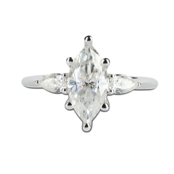 Pear Side Stone Classic Engagement Ring With 1.75 ct Marquise Center DEW, Ring Size 7.25, 14K White Gold, Moissanite, Default, 
