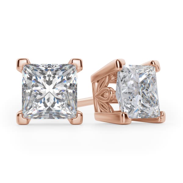 Filigree Set Tension Back Stud Earrings With 2.50 Cttw Princess Centers DEW 14K Rose Gold Moissanite, Default,