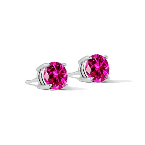 Round Cut Claw Prong Stud Earrings, Hot Pink, Hover, Sterling Silver