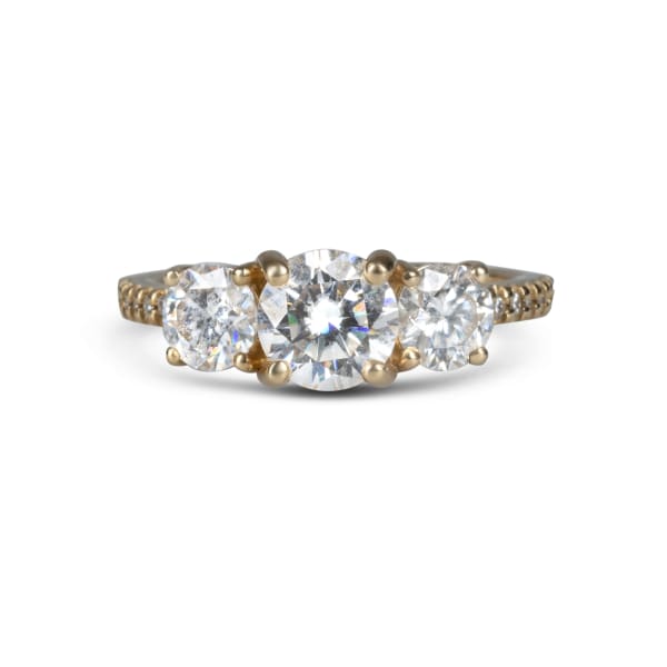 Three Stone Accented Engagement Ring With 1.00 ct Round Center DEW, Ring Size 6.5-7, 14K Yellow Gold, Moissanite, Default,