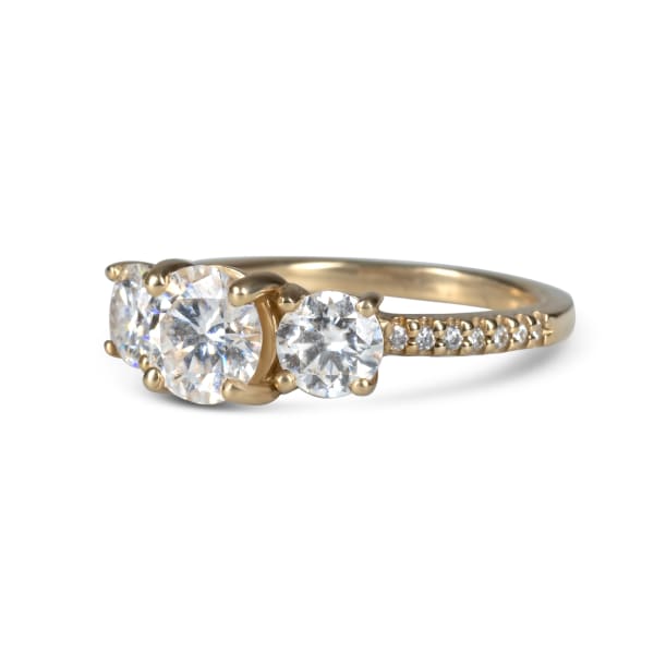 Three Stone Accented Engagement Ring With 1.00 ct Round Center DEW, Ring Size 6.5-7, 14K Yellow Gold, Moissanite, Hover,